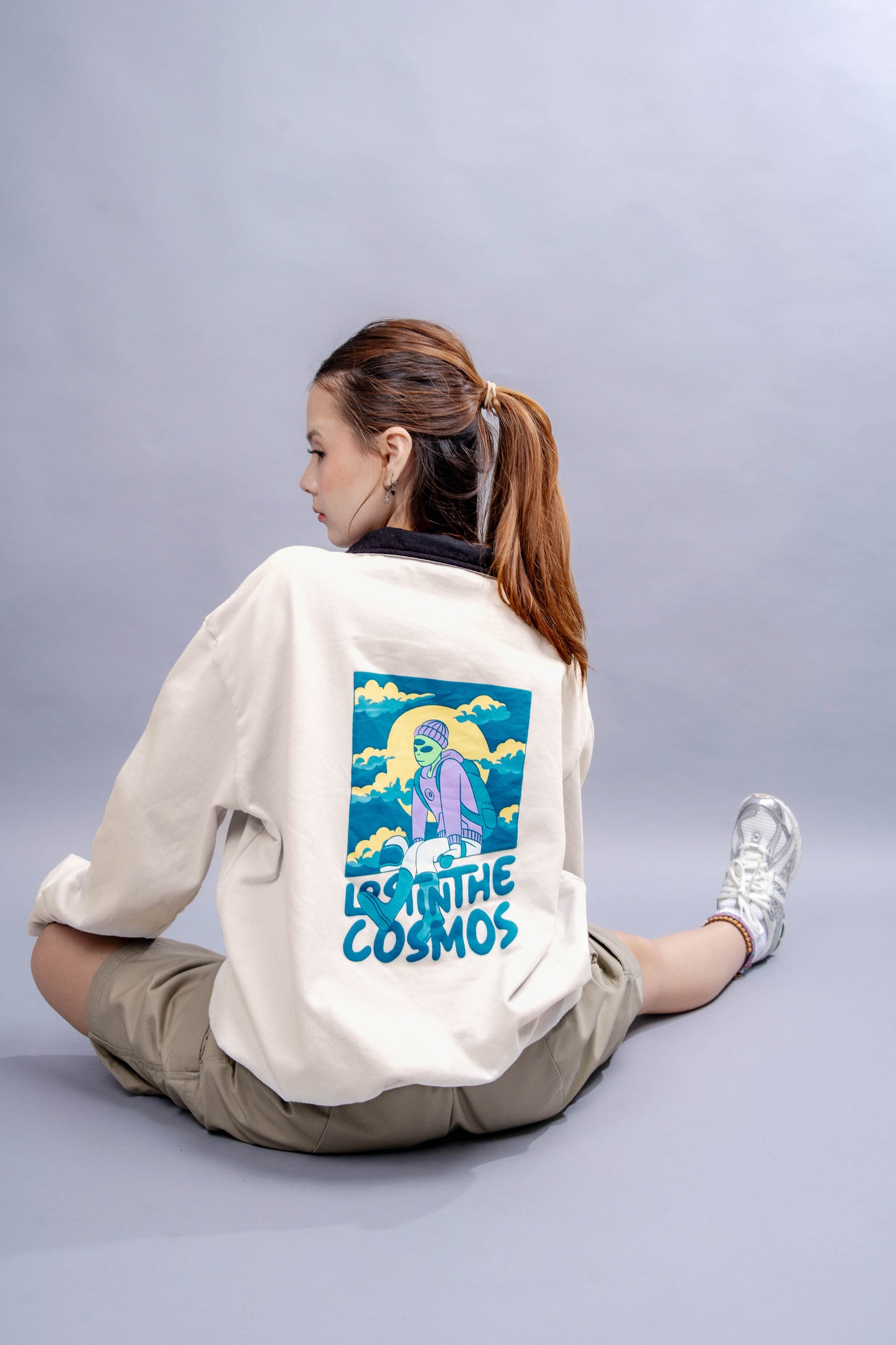 "Lost in The Cosmos" in Off White Half-Zip Sweater